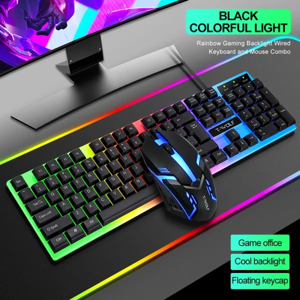 key4 T-Wolf TF230 Rainbow Backlit Game Keyboard & Mouse Set - Black T- Wolf