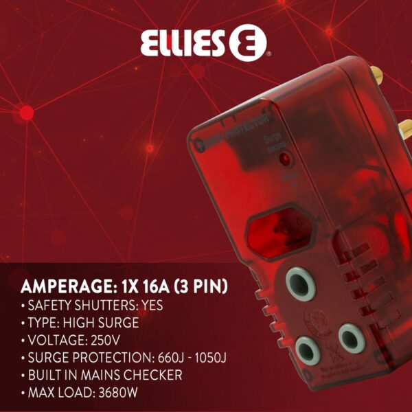 Ellies High Surge Protection Adaptor 1× 16A (3-Pin) + 1× 5A (Euro)