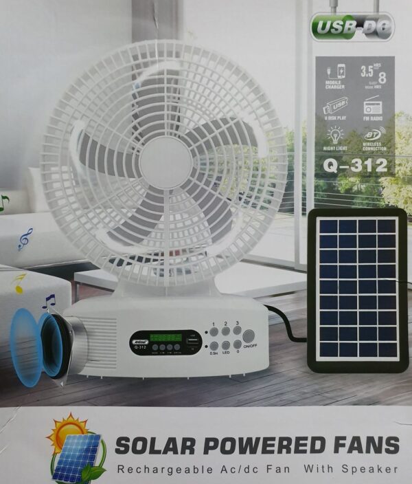 Q-312 Fan - Solar Powered Rechargeable Fan With Speakers And LED Light