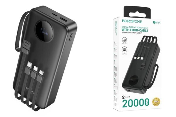 Borofone 20,000mAh Digital Powerbank with 4 Cables(USB-A+USB-C+MicroUSB+iP)