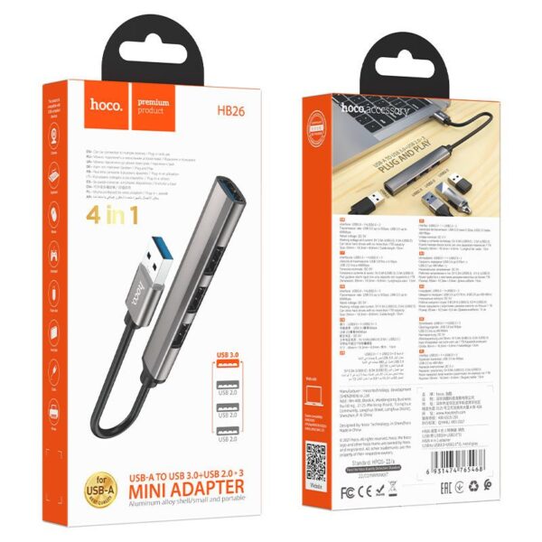 4 in 1 USB-A to USB 3.0 + USB 2.0 Multi-Port Mini Adapter Hub-hoco.-HB26