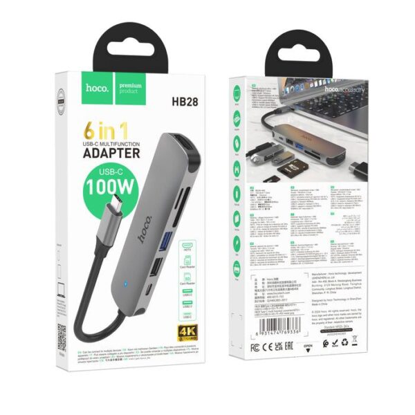 USB C 6-in-1 Docking Station - 4K HDMI, 100W PD & USB Ports-HOCO-HB28