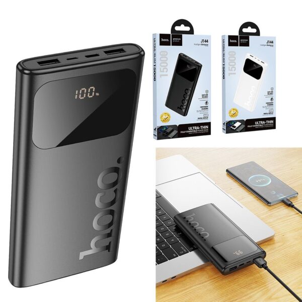 Hoco J144 15000mah Ultra-Thin Dual USB Power Bank with Digital Display - Black
