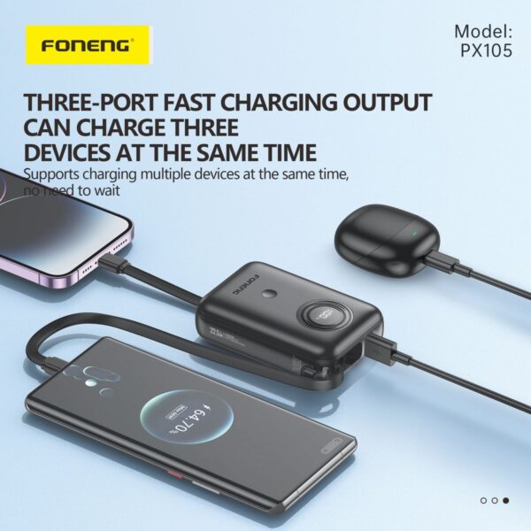 10,000 mAh 22.5W fast power bank with dual built in cables White