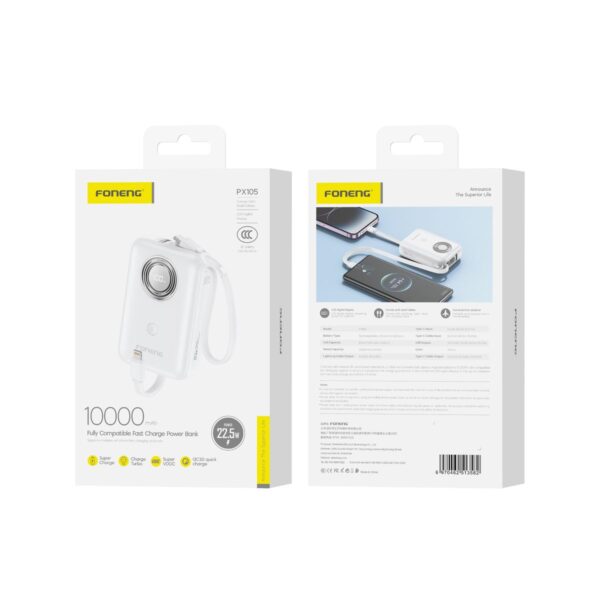 10,000 mAh 22.5W fast power bank with dual built in cables White