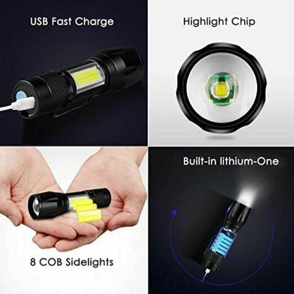 2 Pack Mini Torch with Zoom Function usb Rechargeable Flashlight