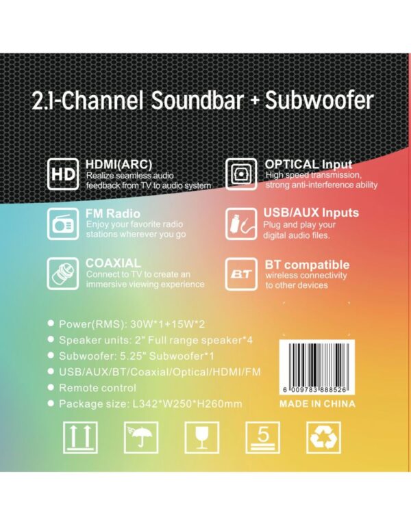 Omega 2.1 60W-7 Omega 2.1 60W PureVibe Series Soundbar & Wired Subwoofer HDMI/BT/USB 101Y