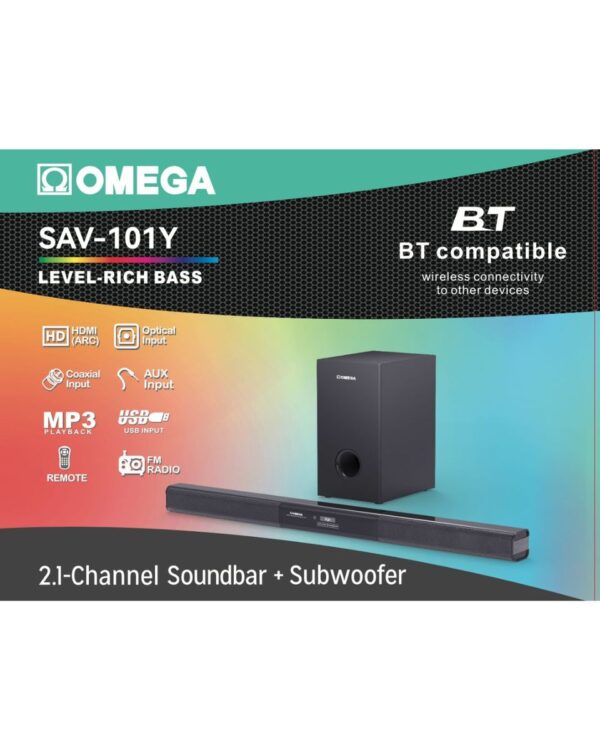 Omega 2.1 60W-8 Omega 2.1 60W PureVibe Series Soundbar & Wired Subwoofer HDMI/BT/USB 101Y