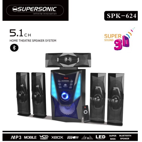 SPK-624-7 Supersonic 5.1CH Home Theatre Speaker System Bluetooth/AUX/USB/SD SPK-624
