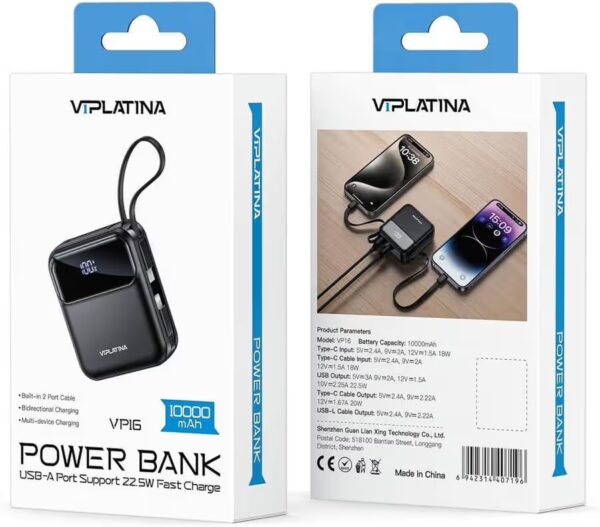 VIPLATINA VP16 Power Bank, 10000mAh, 22.5W Fast Charge, Built-in 2-Port Cable, LED Display, Black
