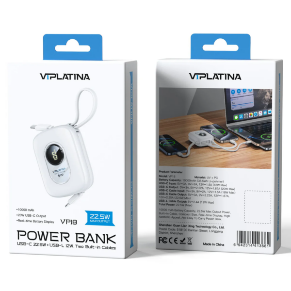 Vp18 Portable 22.5W with Two Built-in Cables Digital Display Power Bank