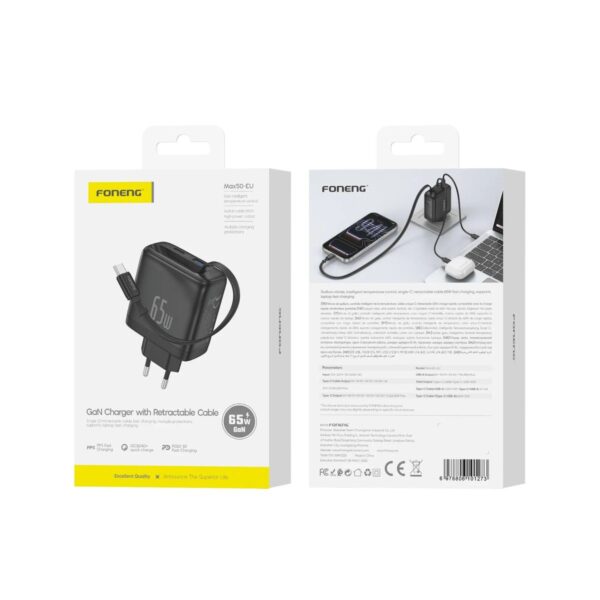 FONENG Max50-EU Compatible 65w A+C 2Port GaN Charger with Retractable Cable