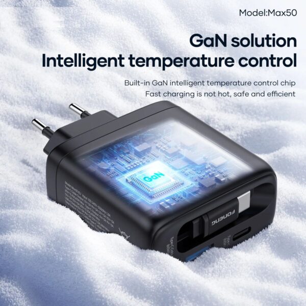 FONENG Max50-EU Compatible 65w A+C 2Port GaN Charger with Retractable Cable