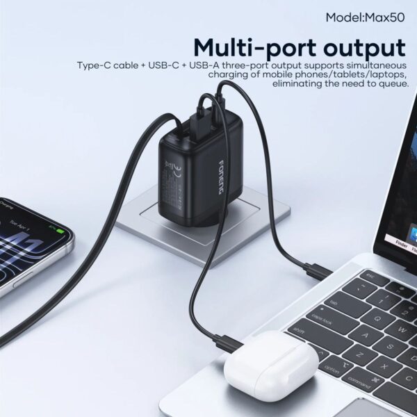 FONENG Max50-EU Compatible 65w A+C 2Port GaN Charger with Retractable Cable