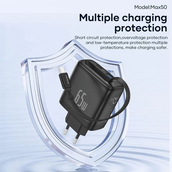FONENG Max50-EU Compatible 65w A+C 2Port GaN Charger with Retractable Cable