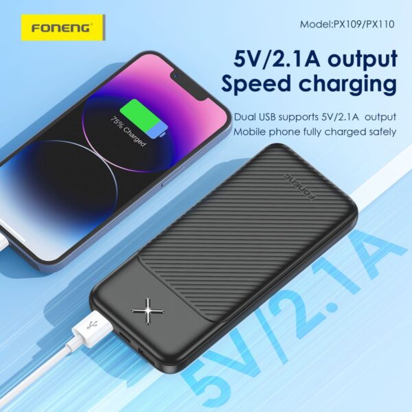 px109.6 10,000mAh Dual USB output fast charging power bank black PX109