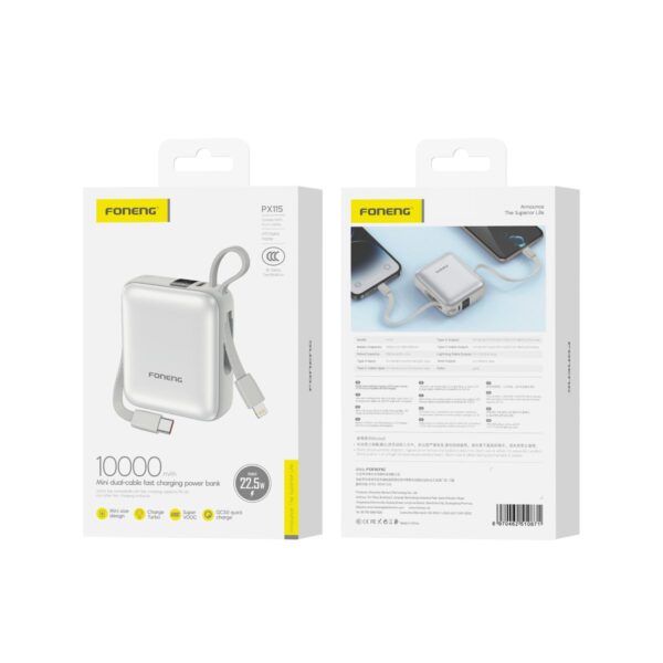 px115.1 10000 mAh Mini Dual-Cable 22.5W Fast Charging Power Bank - Silver