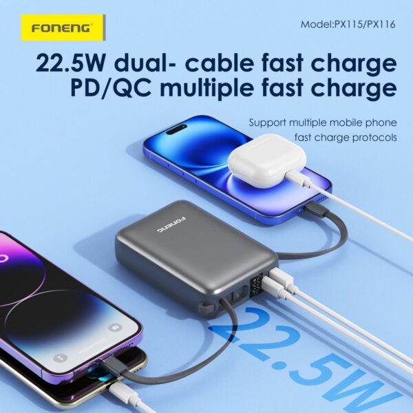 px115.3 10000 mAh Mini Dual-Cable 22.5W Fast Charging Power Bank - Silver