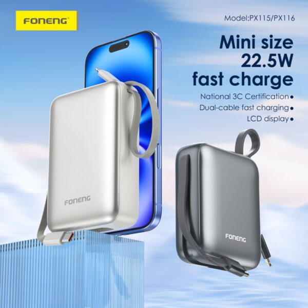 px115.6 10000 mAh Mini Dual-Cable 22.5W Fast Charging Power Bank - Silver